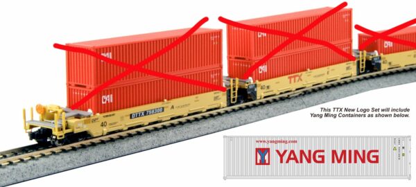 106-6213 Gunderson Maxi-I TTX double stack 5 unit set #759368 w/Yang Ming containers